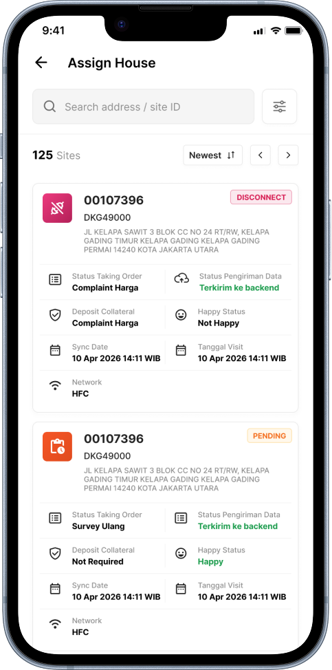 SALLY Assign House list of 125 sites, each card showing Site ID, order status, data delivery status, deposit collateral, happiness status, sync date, and visit date